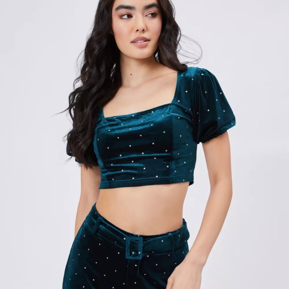 Diamond Detail Velvet Crop Top and Wide Leg Pant Set. NWT Never Worn!
